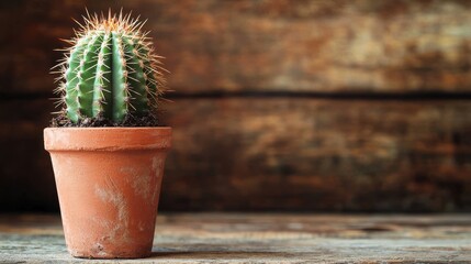 Cactus in a terracotta pot on wooden surface with rustic background and empty space for text or promotional content 
