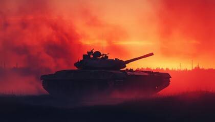 War Concept Military Silhouette of a Tank Against Red Fiery Sky