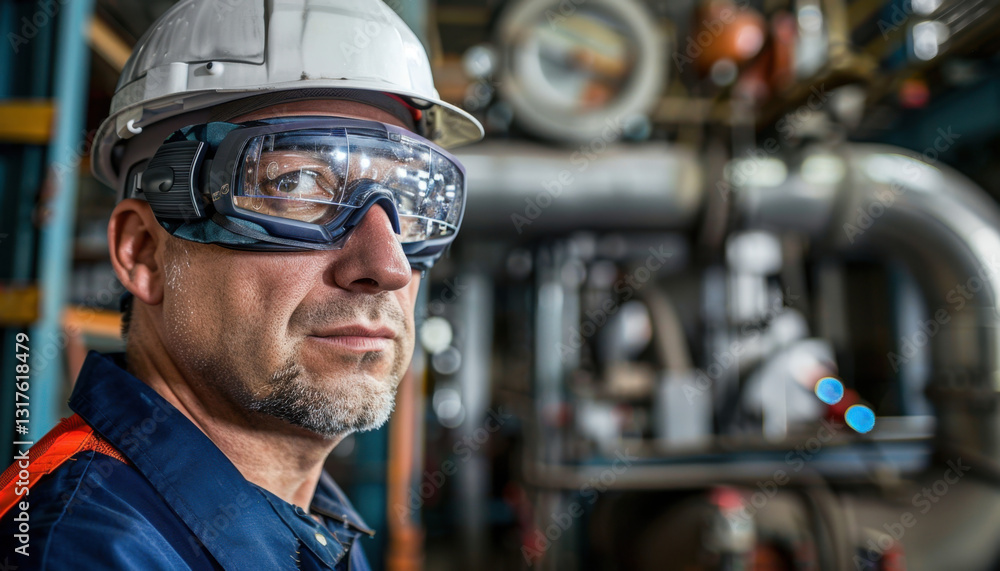Aufkleber worker equipped with augmented reality glasses focuses on tasks amidst machinery and tools in a busy