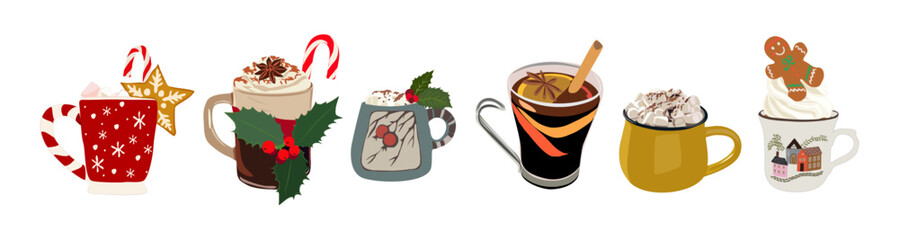 Hot Christmas winter drinks. Cups with coffee, tea with cinnamon, hot chocolate with whipped cream and candy cane, cocoa with marshmallow, mulled wine. Mugs for Xmas, New year or winter holidays card.