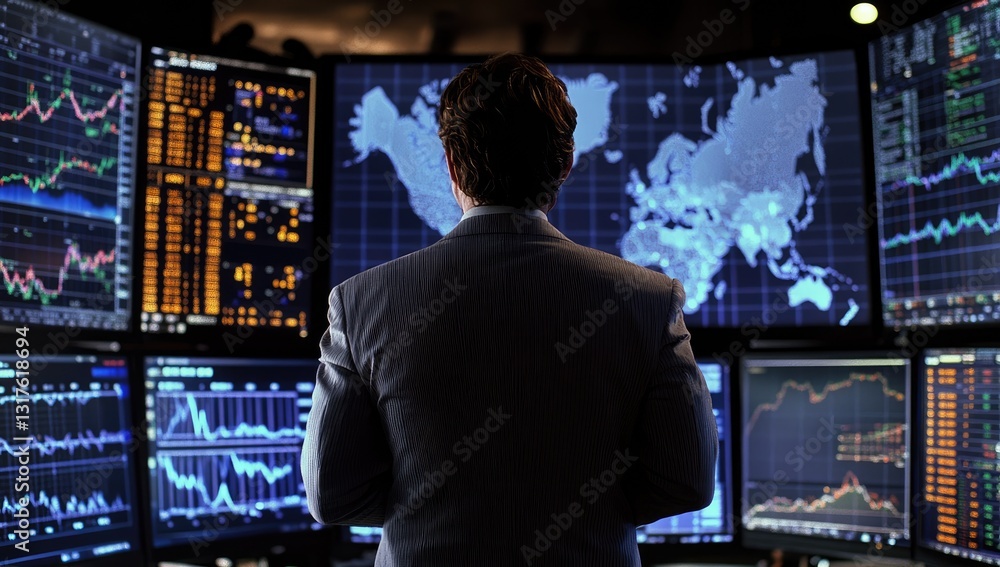 Poster businessman stands in front of multiple computer screens displaying financial data, including graphs