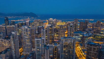 Obraz premium A sprawling urban landscape with winding roads and highways marked by streams of vehicle lights creating golden arteries through the city. 