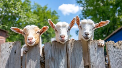 Fototapeta premium Three Cute Goats Peeking Over Fence Summer Farm Animals