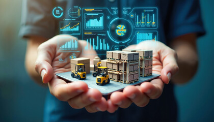 Hands hold warehouse with forklifts and pallets while holographic data analytics dashboard floats above. Digital twin technology integrates real time logistics metrics with physical