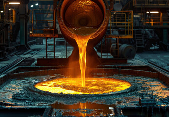 Molten amber liquid is expertly poured from a metal ladle into a waiting mold, showcasing industrial artistry in a foundry setting at dusk