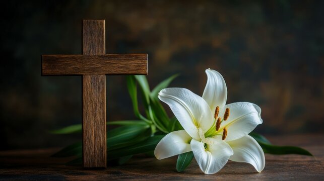 Wooden cross and white lily on table