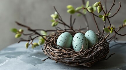 Obraz premium Composition with green buds on branches, decorative nest with easter eggs on a light background