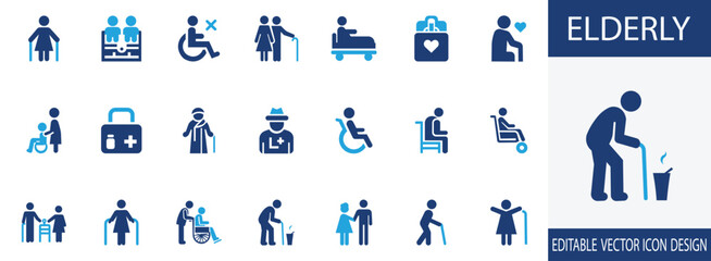 Elderly  icon set.  Old Soul,  Lifelong Learner, Senior,  Guardian, pension, generation and more extra filled icon collection. vector illustration