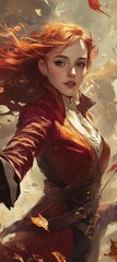 Naklejka premium Enchanting Portrait of a Woman with Flowing Red Hair in Autumn Scenery