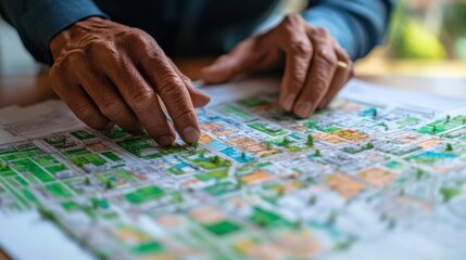 Obraz premium Hyper-realistic close-up of an urban planner's hands reviewing blueprints and zoning maps with intricate details, representing the precision and care in urban planning