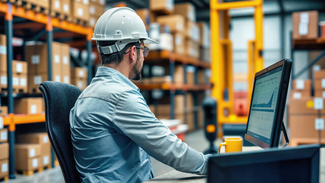 Warehouse supervisor with white hardhat analyzing logistics data and inventory performance graphs on computer monitor in distribution center. Supply chain professional monitoring operations metrics