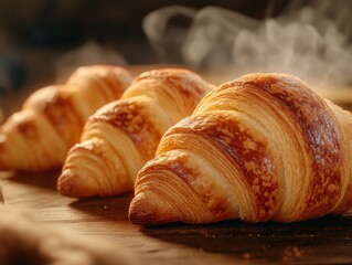 Golden Croissants: Close-up captures freshly baked, golden croissants, their flaky layers and steam promising a delicious breakfast, evoking warmth and indulgence. 