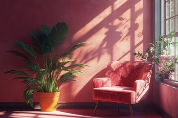 Pink armchair, plant, sunlight, window.