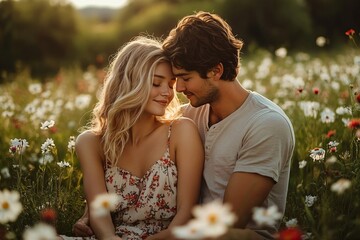 A romantic image of a couple embracing in a flower-filled meadow, perfect for summer weddings, love stories, or engagement announcements.