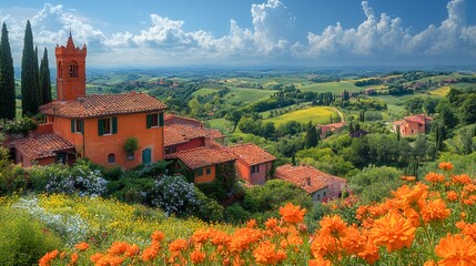 Naklejka premium Stunning tuscan landscape with blooming flowers and traditional houses