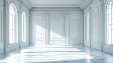 Bright and airy interior of a spacious white room with large windows and elegant architectural details
