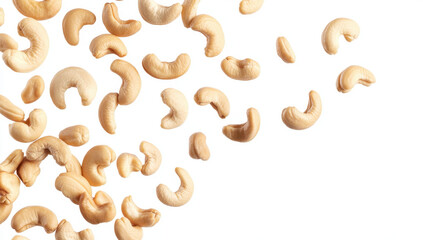Cashew nuts are cascading down against a clean white backdrop, showcasing their unique shapes and inviting texture for health enthusiasts
