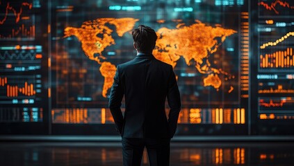 Businessman looks at global fire map on digital screens, dark room, technology, world map, fire, screens, data, charts, graphs, business, global, futuristic, modern, technology, data visualization
