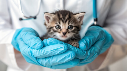 Veterinarian holding a cute kitten with a caring expression in a bright medical setting