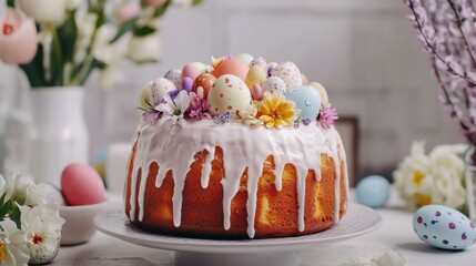 Glazed easter cake kulich decorated with flowers and colored eggs on white textured background. Happy Easter Holidays.