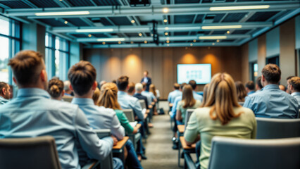Business conference with audience facing presenter at front of modern meeting room. Attendees seated in rows listen to speaker presenting data on screen. Professional development seminar in corporate