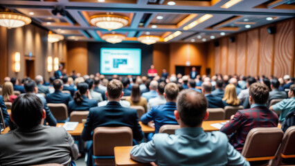 Business conference in luxury venue with audience watching presentation. Corporate professionals attend seminar in elegant ballroom with chandeliers. Management executives gather for training event
