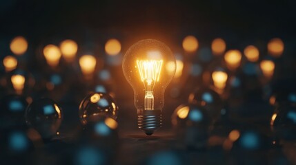 One of Lightbulb glowing among shutdown light bulb in dark area with copy space for creative thinking , problem solving solution and outstanding concept by 3d rendering technique