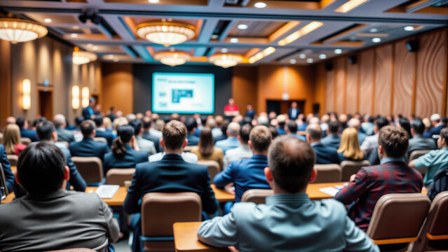 Business conference in luxury venue with audience watching presentation. Corporate professionals attend seminar in elegant ballroom with chandeliers. Management executives gather for training event