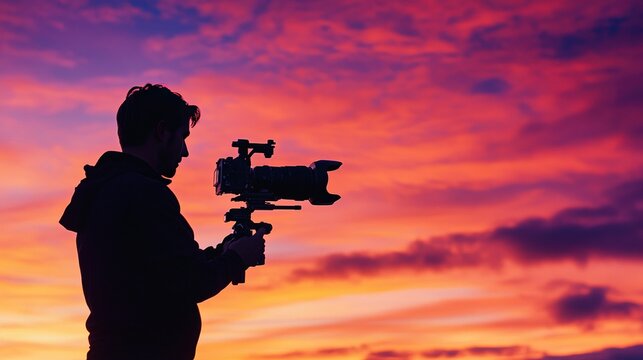 A filmmaker operates a professional video camera against a stunning sunset sky. The silhouette captures the artistry of cinematography, blending creativity, technology, and natural beauty.