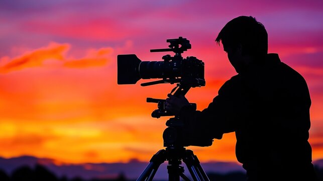 A filmmaker operates a professional video camera against a stunning sunset sky. The silhouette captures the artistry of cinematography, blending creativity, technology, and natural beauty.
