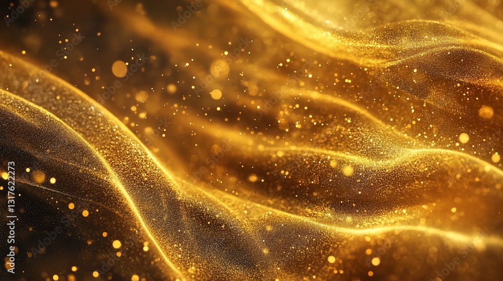 Poster golden glitter waves abstract background: luxurious shimmering texture with sparkling particles