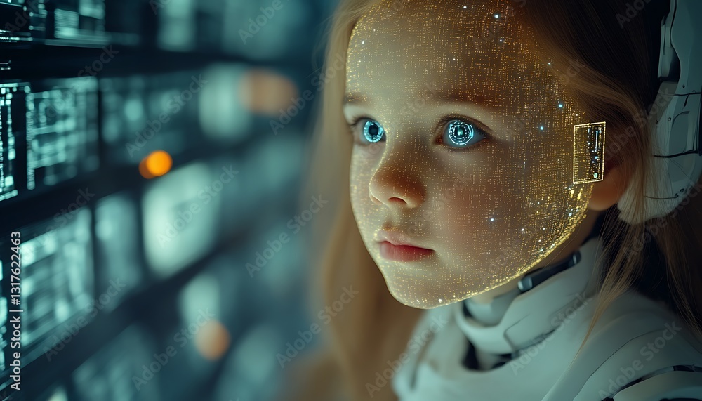 Poster digital child facing holographic interface looking at display panels