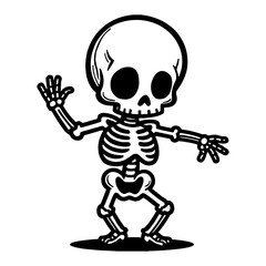 Cute Chibi Kawaii Skeleton Dancing Pose Black and White Outline Line Art Drawing Illustration