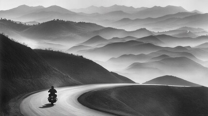 A lone motorcyclist rides along a winding mountain road, surrounded by misty, layered hills. The black-and-white scene evokes a sense of solitude, exploration, and freedom on an open journey.