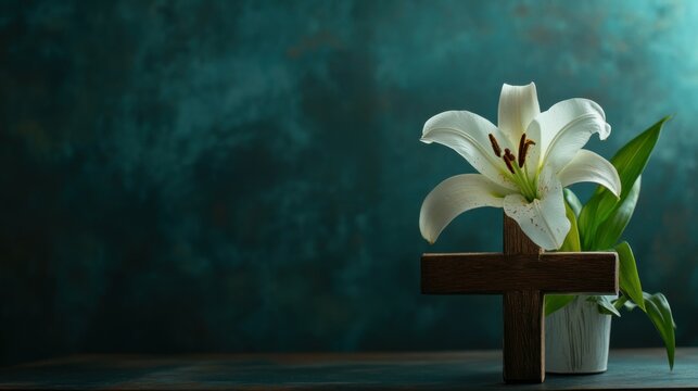 Wooden cross and white lily on table