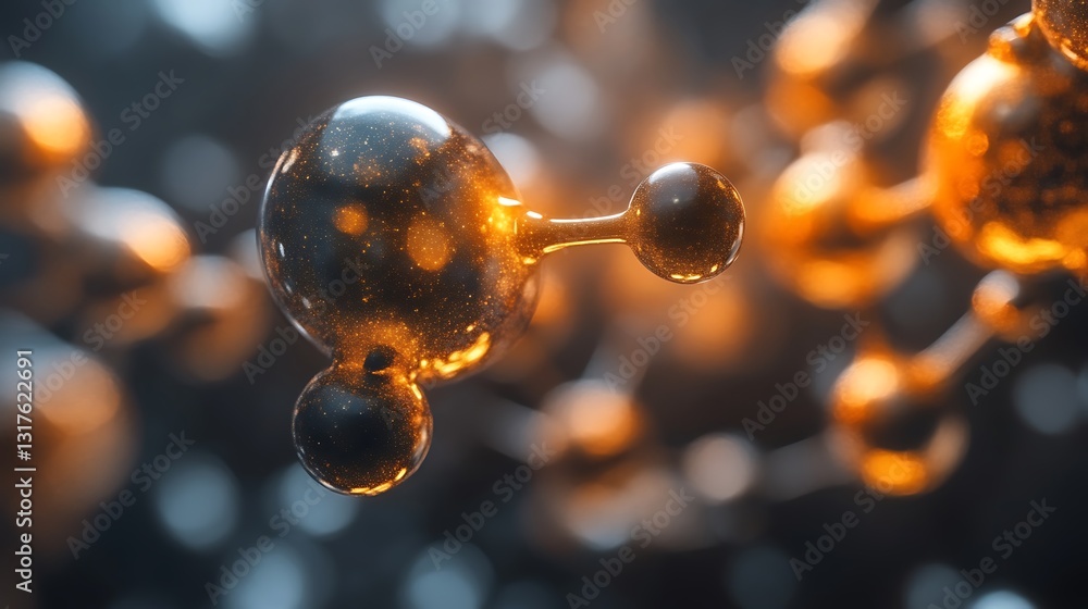 Poster glowing spheres with connection rods create intricate molecular structures