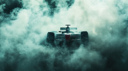 A red Formula 1 race car emerges through thick clouds of smoke, exuding power and speed. The dramatic scene captures the intensity of motorsport, with burning tires and adrenaline-filled action
