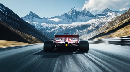A Formula 1 car speeds down a scenic mountain road, blending high-performance racing with breathtaking nature. The dynamic shot captures speed, precision, and the thrill of motorsports.