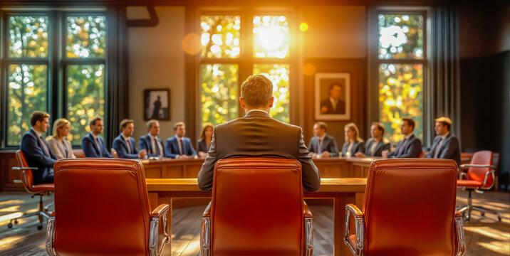 Executive leads board meeting from head of table with leather chairs. Corporate governance session in traditional wood paneled boardroom with sunlight through windows. Business professionals in formal
