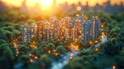 Obraz premium Illuminated city nestled within lush green trees