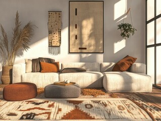 An inviting and stylish living room with warm color accents