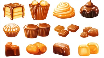 Caramel candies and caramel sauce isolated