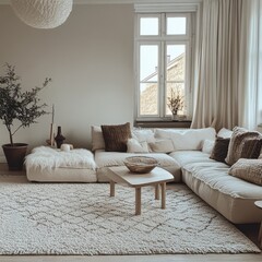 A comfortable modern living room displaying neutral colored decor and furniture