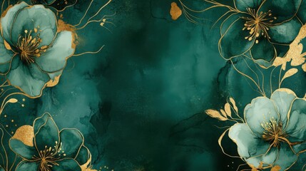 Elegant Emerald Green Watercolor Floral Background with Gold Accents, symbolizing luxury, serenity, and sophistication. Perfect for wedding invitations, greeting cards, website headers, and social med