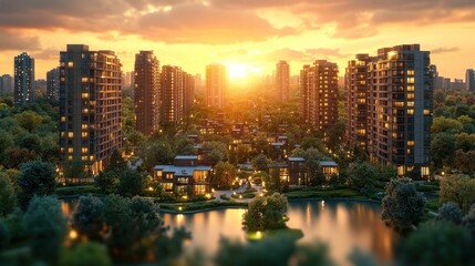 Naklejka premium Sunset cityscape, modern apartments, tranquil lake.