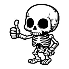 Cute Chibi Kawaii Skeleton Giving Thumbs Up Sign Hand Drawn Black and White Outline Line Art Drawing