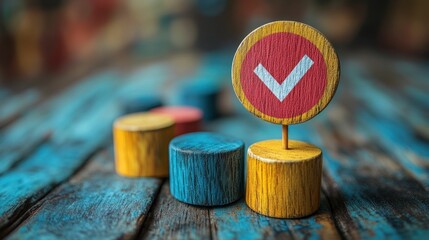 Wooden checkmark signifies achievement, success.