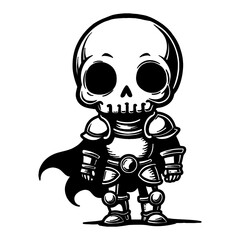 Cute Chibi Kawaii Skeleton Wearing Knight Armor with Cape Detailed Black and White Outline Line Art Drawing