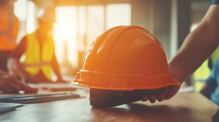 Safety helmet on workplace desk with construction worker team hands shaking greeting start up plan.