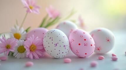 Happy Easter. Congratulatory easter background. Easter eggs and flowers.